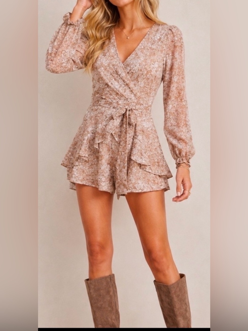 Francesca's Collections Taupe Floral Wrap Romper